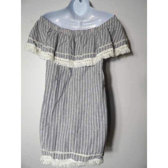 1. State Tunic Small Linen Chambray Off Shoulder Boho Blue White Stripe Cottage - Picture 12 of 12